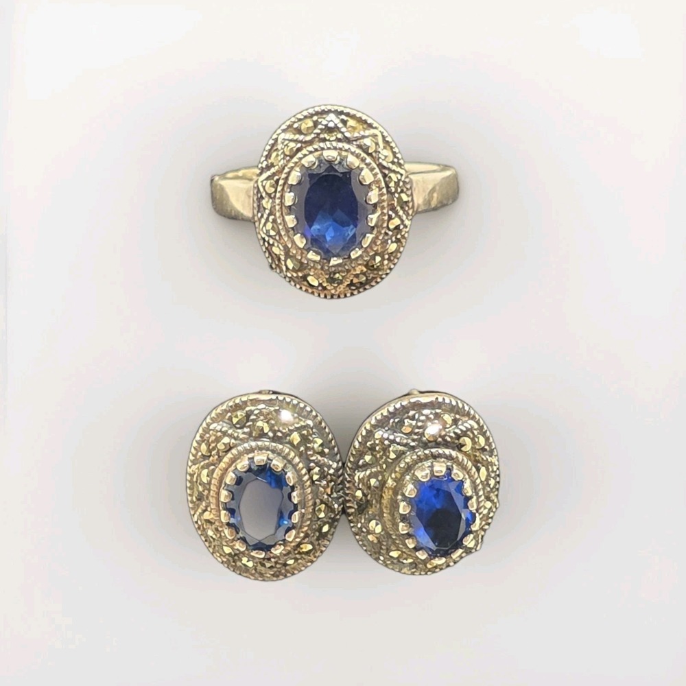 Vintage Art Deco Style Sterling Silver Blue Sapphire Marcasite Ring/Earring Set